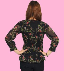 Roses and leaves floral womens printed top (black) - Made up of Rayon for your plesant and cozy