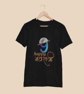 Happy Navratri (numeric nine) printed unisex adults round neck cotton half-sleeve black tshirt specially for Navratri festival/ Durga puja