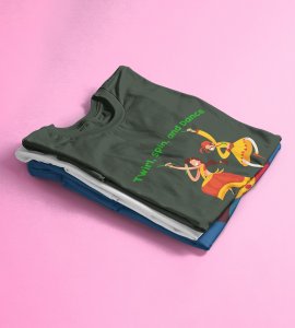 Twirl, spin and dance printed unisex adults round neck cotton half-sleeve green tshirt specially for Navratri festival/ Durga puja