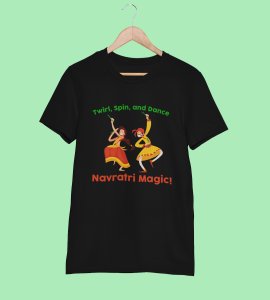 Navratri Magic text printed unisex adults round neck cotton half-sleeve black tshirt specially for Navratri festival/ Durga puja