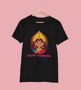 Durga Maa face animation printed unisex adults round neck cotton half-sleeve black tshirt specially for Navratri festival/ Durga puja