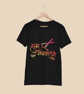 Shubh Navratri (Dandiyas) printed unisex adults round neck cotton half-sleeve black tshirt specially for Navratri festival/ Durga puja