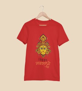 Happy Navratri (yellow) printed unisex adults round neck cotton half-sleeve red tshirt specially for Navratri festival/ Durga puja