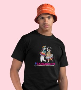 Garba Nights (Playing Dandiya) printed unisex adults round neck cotton half-sleeve black tshirt specially for Navratri festival/ Durga puja