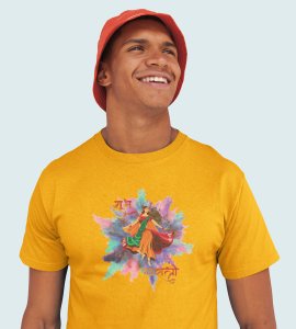 Blasting colours printed unisex adults round neck cotton half-sleeve yellow tshirt specially for Navratri festival/ Durga puja