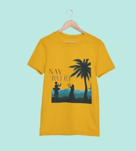 Blue mountains printed unisex adults round neck cotton half-sleeve yellow tshirt specially for Navratri festival/ Durga puja