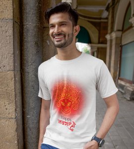 Happy navratri (BG red) printed unisex adults round neck cotton half-sleeve white tshirt specially for Navratri festival/ Durga puja