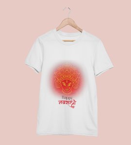 Happy navratri (BG red) printed unisex adults round neck cotton half-sleeve white tshirt specially for Navratri festival/ Durga puja