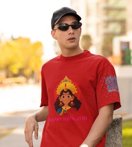 Durga maa animation face printed unisex adults round neck cotton half-sleeve red tshirt specially for Navratri festival/ Durga puja