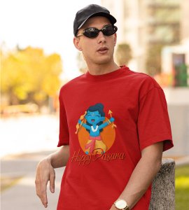 Happy Dasara printed unisex adults round neck cotton half-sleeve red tshirt specially for Navratri festival/ Durga puja