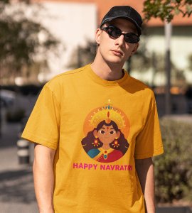 Durga ma animation face printed unisex adults round neck cotton half-sleeve yellow tshirt specially for Navratri festival/ Durga puja