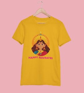 Durga ma animation face printed unisex adults round neck cotton half-sleeve yellow tshirt specially for Navratri festival/ Durga puja