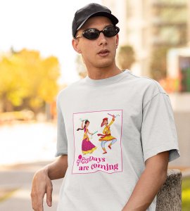 Dandiya days are coming printed unisex adults round neck cotton half-sleeve white tshirt specially for Navratri festival/ Durga puja