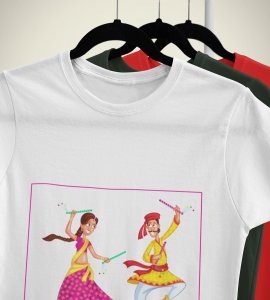 Dandiya days are coming printed unisex adults round neck cotton half-sleeve white tshirt specially for Navratri festival/ Durga puja