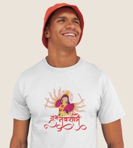 Shubh navratri printed unisex adults round neck cotton half-sleeve white tshirt specially for Navratri festival/ Durga puja