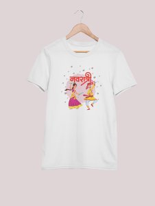 Garba couple animated printed unisex adults round neck cotton half-sleeve white tshirt specially for Navratri festival/ Durga puja