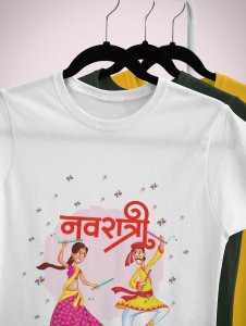 Garba couple animated printed unisex adults round neck cotton half-sleeve white tshirt specially for Navratri festival/ Durga puja