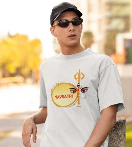 Navratri (Dhol and trishul) printed unisex adults round neck cotton half-sleeve white tshirt specially for Navratri festival/ Durga puja