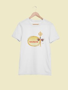 Navratri (Dhol and trishul) printed unisex adults round neck cotton half-sleeve white tshirt specially for Navratri festival/ Durga puja