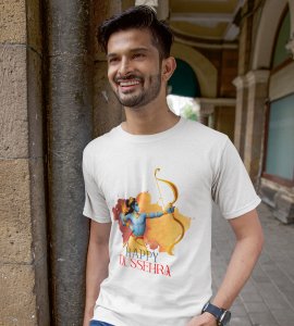 Happy Dussehra printed unisex adults round neck cotton half-sleeve white tshirt specially for Navratri festival/ Durga puja