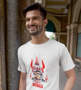 Maa durga (3 trishuls) printed unisex adults round neck cotton half-sleeve white tshirt specially for Navratri festival/ Durga puja