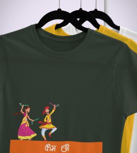 Dancing couple (BG orange) printed unisex adults round neck cotton half-sleeve green tshirt specially for Navratri festival/ Durga puja