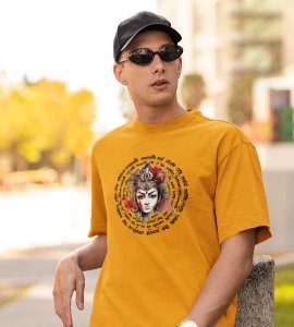 Durga maa and mantras printed unisex adults round neck cotton half-sleeve yellow tshirt specially for Navratri festival/ Durga puja