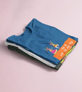 Dancing couple (small) printed unisex adults round neck cotton half-sleeve blue tshirt specially for Navratri festival/ Durga puja