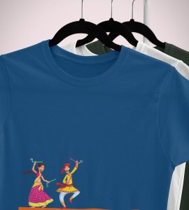 Dancing couple (small) printed unisex adults round neck cotton half-sleeve blue tshirt specially for Navratri festival/ Durga puja