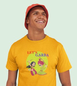 Let's garba printed unisex adults round neck cotton half-sleeve yellow tshirt specially for Navratri festival/ Durga puja