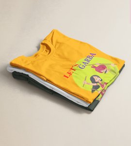 Let's garba printed unisex adults round neck cotton half-sleeve yellow tshirt specially for Navratri festival/ Durga puja