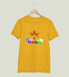 Durga maa face lining printed unisex adults round neck cotton half-sleeve yellow tshirt specially for Navratri festival/ Durga puja