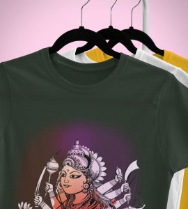 Durga maa idol printed unisex adults round neck cotton half-sleeve green tshirt specially for Navratri festival/ Durga puja