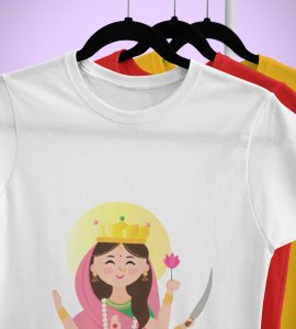 Happy durga puja (pink saree) printed unisex adults round neck cotton half-sleeve white tshirt specially for Navratri festival/ Durga puja