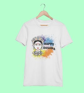 Happy Dasara (white) printed unisex adults round neck cotton half-sleeve white tshirt specially for Navratri festival/ Durga puja