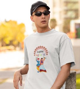 Garba dance couple printed unisex adults round neck cotton half-sleeve white tshirt specially for Navratri festival/ Durga puja