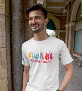 Its garba night printed unisex adults round neck cotton half-sleeve white tshirt specially for Navratri festival/ Durga puja