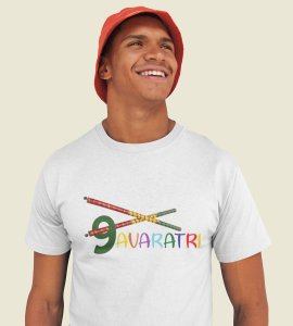 Navratri (2 dandiyas) printed unisex adults round neck cotton half-sleeve white tshirt specially for Navratri festival/ Durga puja