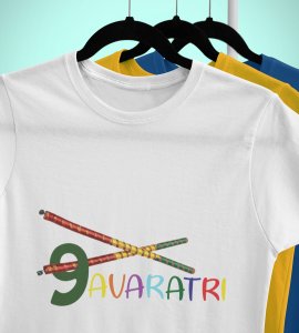 Navratri (2 dandiyas) printed unisex adults round neck cotton half-sleeve white tshirt specially for Navratri festival/ Durga puja