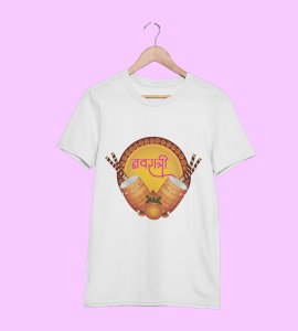 Navratri (2 dhaks) printed unisex adults round neck cotton half-sleeve white tshirt specially for Navratri festival/ Durga puja