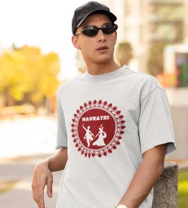 Navratri (maroon) printed unisex adults round neck cotton half-sleeve white tshirt specially for Navratri festival/ Durga puja