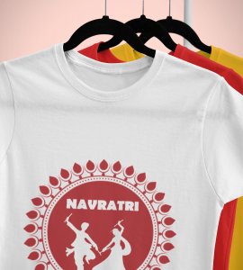 Navratri (maroon) printed unisex adults round neck cotton half-sleeve white tshirt specially for Navratri festival/ Durga puja