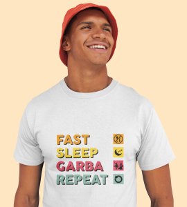 Fast sleep garba repeat printed unisex adults round neck cotton half-sleeve white tshirt specially for Navratri festival/ Durga puja