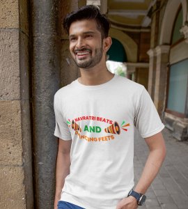 Navratri beats printed unisex adults round neck cotton half-sleeve white tshirt specially for Navratri festival/ Durga puja