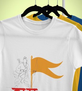 Ram flag printed unisex adults round neck cotton half-sleeve white tshirt specially for Navratri festival/ Durga puja