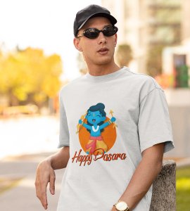 Happy Dasara printed unisex adults round neck cotton half-sleeve white tshirt specially for Navratri festival/ Durga puja