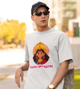 Durg maa face animated printed unisex adults round neck cotton half-sleeve white tshirt specially for Navratri festival/ Durga puja