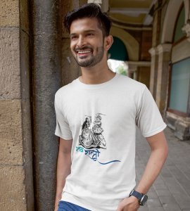 Garba couple potrait printed unisex adults round neck cotton half-sleeve white tshirt specially for Navratri festival/ Durga puja