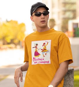 Dandiya days are coming printed unisex adults round neck cotton half-sleeve yellow tshirt specially for Navratri festival/ Durga puja