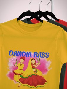 Dandiya rass printed unisex adults round neck cotton half-sleeve yellow tshirt specially for Navratri festival/ Durga puja